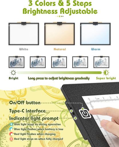 A3 Light Board for Diamond Painting, Rechargeable Battery Light Pad, Magnetic Tracing Light Box, Ultra-Thin Copy Board with 3 Colors& 6 Levels Adjustable Brightness for Drawing, Sketching, Animation