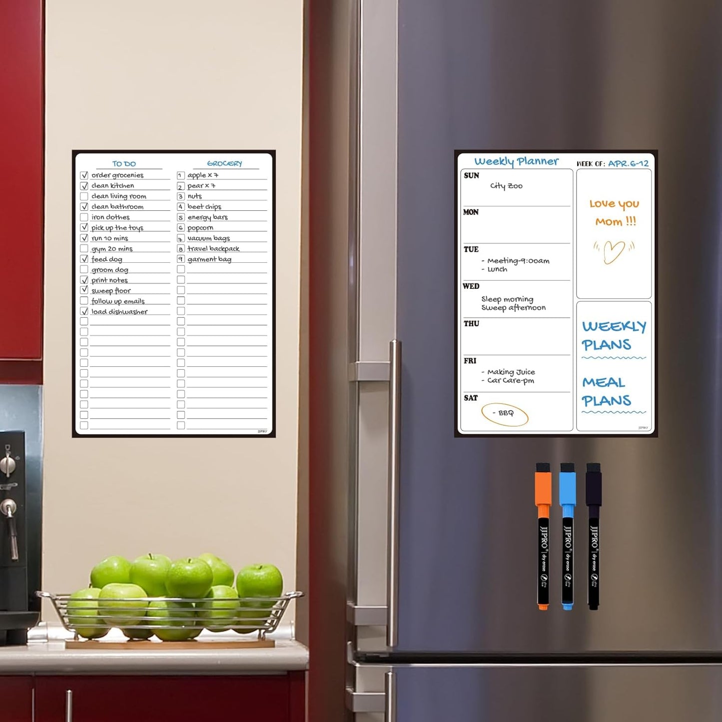 JJPRO Non-Magnetic Dry Erase Weekly Calendar for Fridge,Reusable Weekly Meal Planner and to Do List Whiteboard Bundle-Starts Monday,8.5"x12" Reusable Calendars Stick to Wall, All Smooth Surfaces