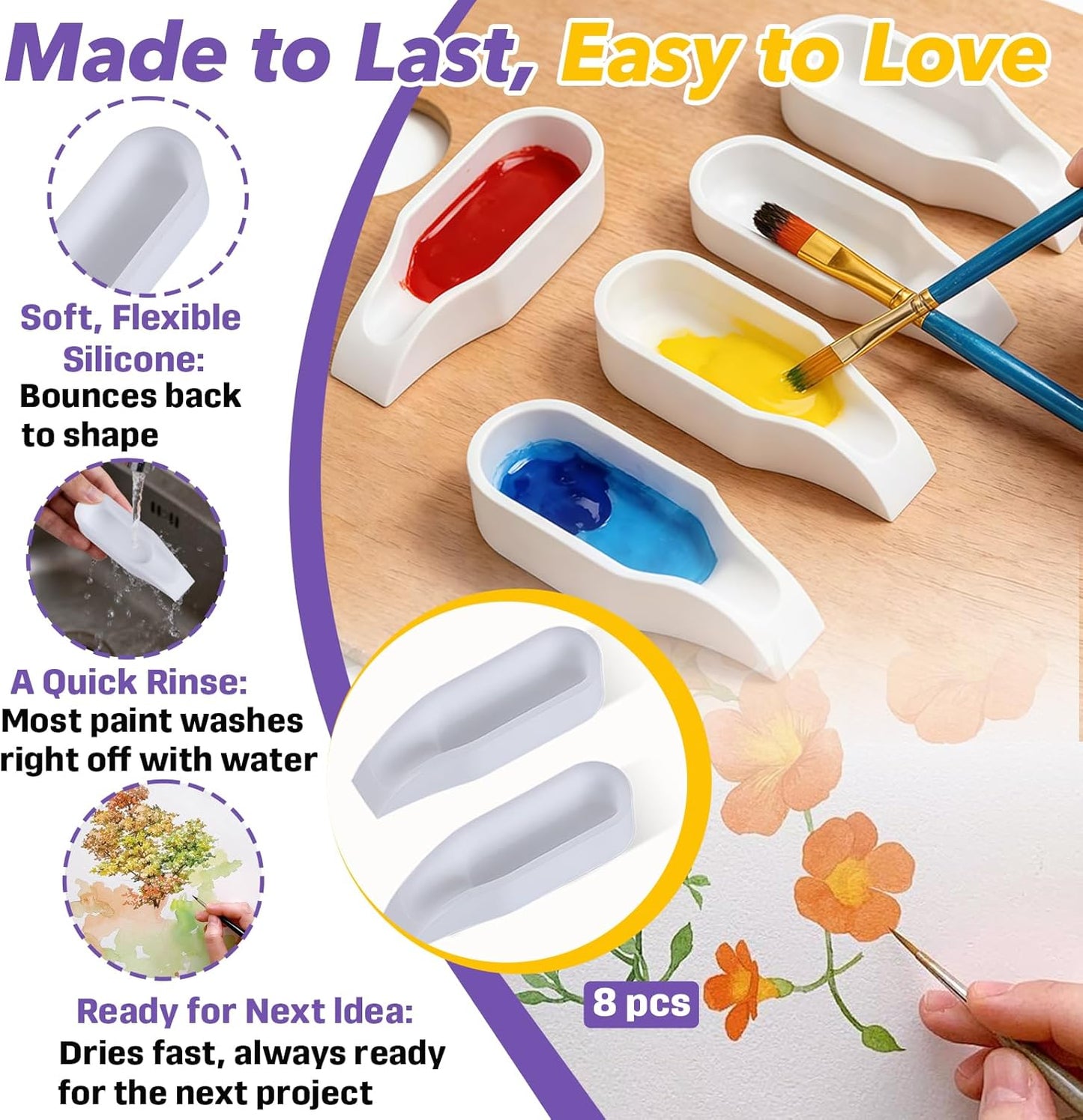 8-Pack White Paint Rest Holder, Silicone Brush Holder with Mixing Tray, Non-Slip Groove Design for Paint Brushes, Artist Watercolor Brush Organizer