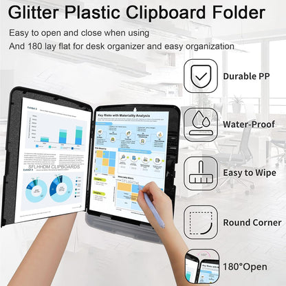 Glitter Clipboard with Storage,Storage Clipboard with Pen Holder,A4 Binder Clip Boards 8.5x11 with Low Profile Clip,Side Opening Sparkle Clipboards, Clipboards Folder for Office Supplies-Starry Black
