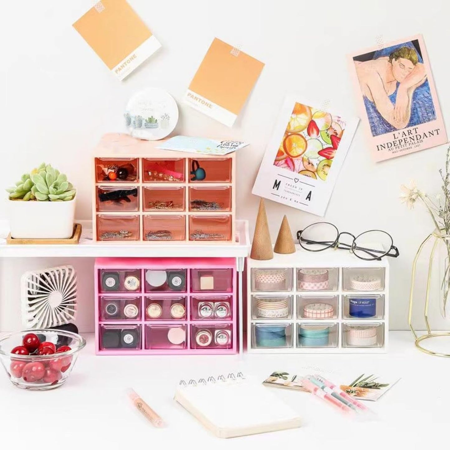 Feadily 2PCS Small Drawer Organizer for Desk, Desktop Drawer Organizer with 9 Clear Drawers, Plastic Desktop Storage Drawers 7.1 Inch x 3 .9 Inch x 4.7 Inch, White