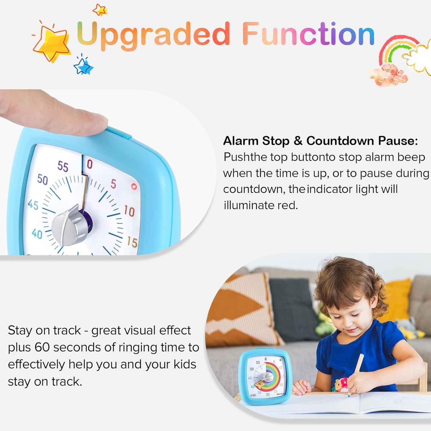 Secura 60-Minute Visual Timer, Silent Study Timer for Kids and Adults, Time Clocks, Time Management Countdown Timer for Teaching (Black & Cloud)