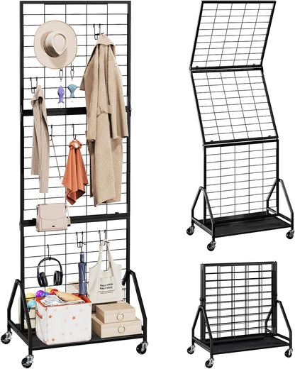 ELYKEN Foldable Grid Wall Panels 5.7' x 2' FT, Movable Wire Gridwall Display Rack with Wheels and Adjustable Foots, Retail Display Stand for Vendor with Storage (Rustic Brown)