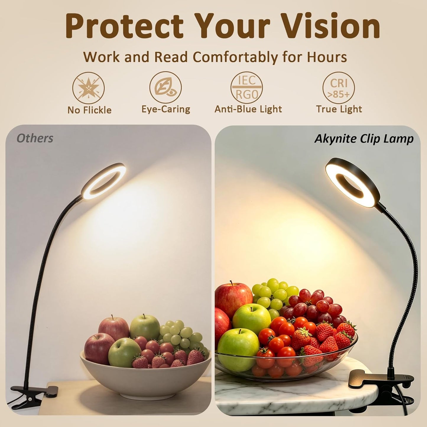 Akynite Desk Lamp Clip on Light, 48 LED USB Clamp Lamp with 5 Color Modes 10 Brightness Levels, 360° Flexible Gooseneck Eye Protection Reading Book Lights for Home Office Study, Adapter Included