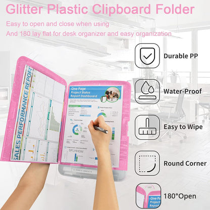 Glitter Clipboard with Storage,Storage Clipboard with Pen Holder,A4 Binder Clip Boards 8.5x11 with Low Profile Clip,Side Opening Sparkle Clipboards, Clipboards Folder for Office Supplies-Starry Black