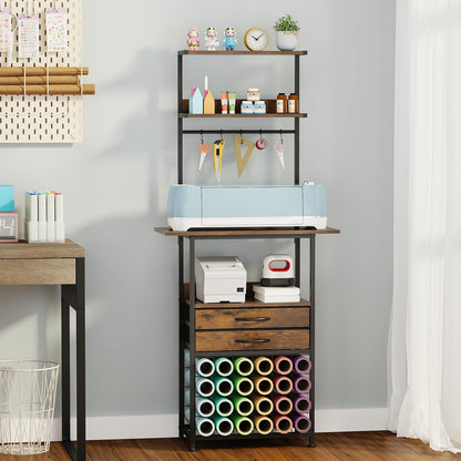 VENNQD Stand Compatible with Cricut Maker and Cricut Explore Air Series Craft Organizers and Storage with 2 Fabric Drawer and Shelves Crafting Table with Vinyl Roll Holder Workstation, White