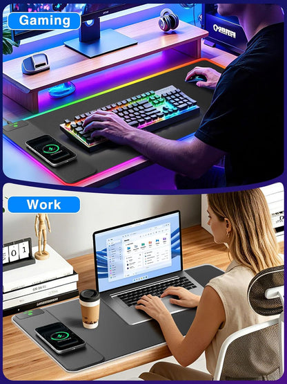 Wireless Charging Mouse Pad with Foldable Phone Holder, 31.5"x15.8" Large Desk Mat for Laptop/Keyboard, Waterproof Ultra-Smooth Surface, Non-Slip Base, Black