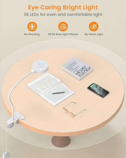 Glocusent 5W Clip on Light, 36LED Eye Caring Reading Light for Bed, 3 Colors & 5 Brightness Clip on Lamp with Adapter, Perfect Reading Light for Bed with Clamp/Bunk Bed/Headboard/Table/Desk