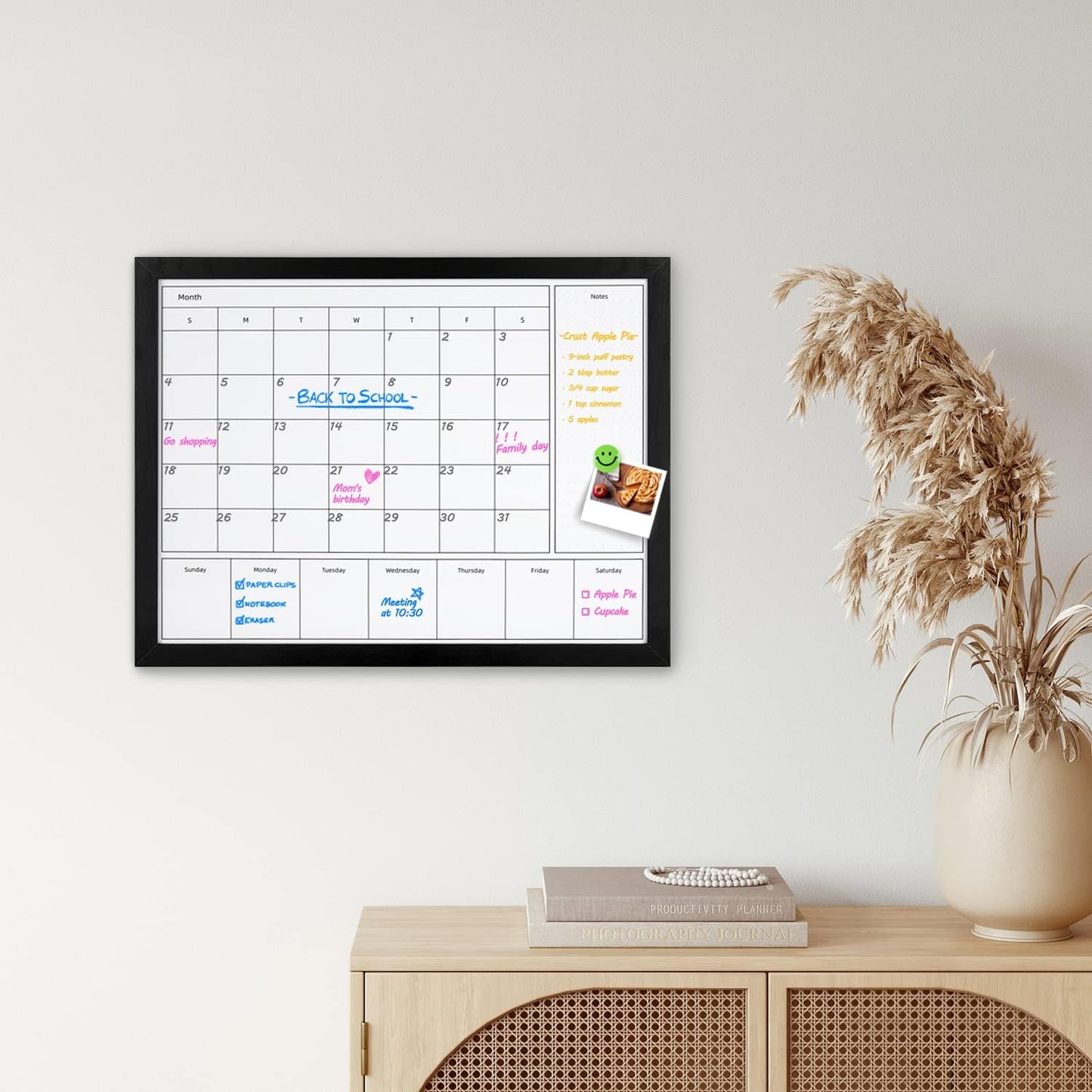 3-in-1 Dry Erase Calendar for Wall, 17x13 inches Magnetic Surface Monthly & Weekly Planner Whiteboard, Dry Erase Board with Black Wood Frame, Hanging White Board Calendar(YL+ZL-BK,4333)