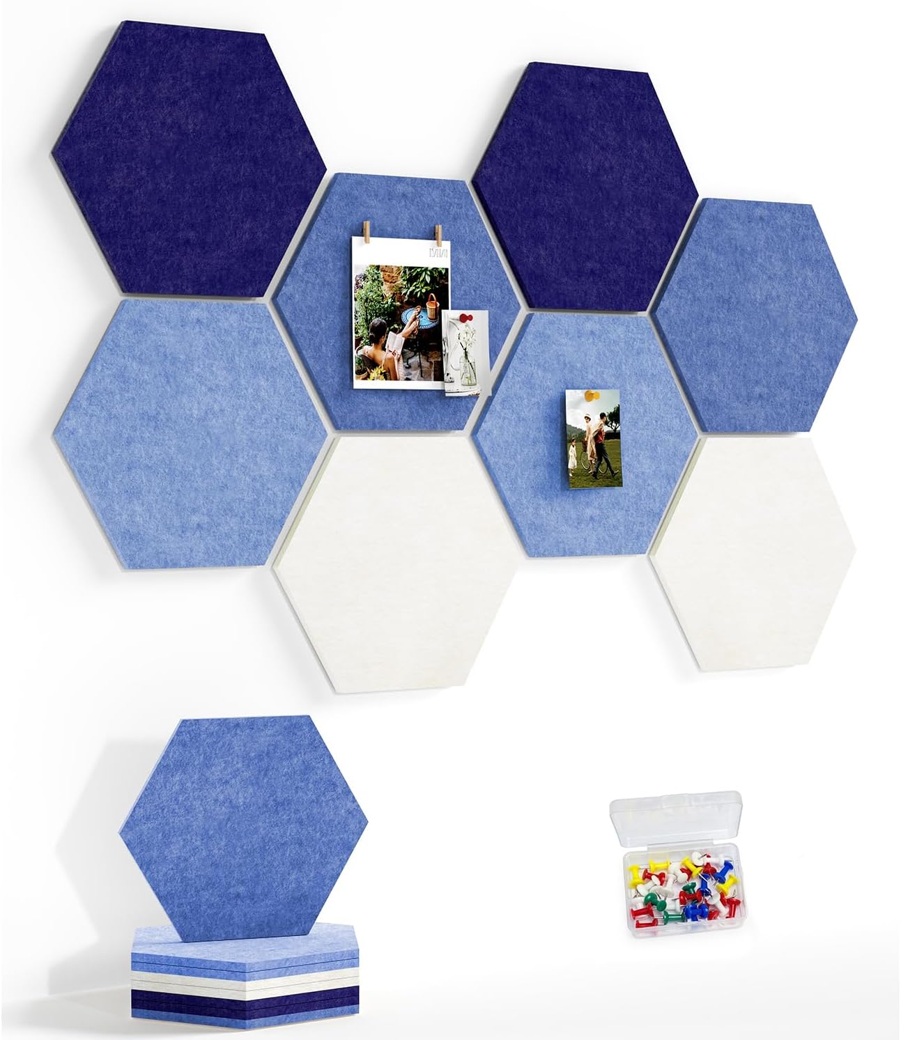 8 Pack Hexagon Felt Bulletin Board Tiles - 12" Large Thick Pin Board for Walls with 30 Push Pins, DIY Boards for Office Home School Decor, Aesthetic Hex Cork Board Alternative