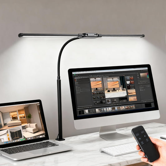 LED Desk Lamp with Clamp, Double Head Adjustable Architect Light, Eye-Caring Monitor Desk Lamp for Home Office, Flexible Gooseneck Task Lamp with 10 Brightness Levels & 5 Color Temperature Modes Black