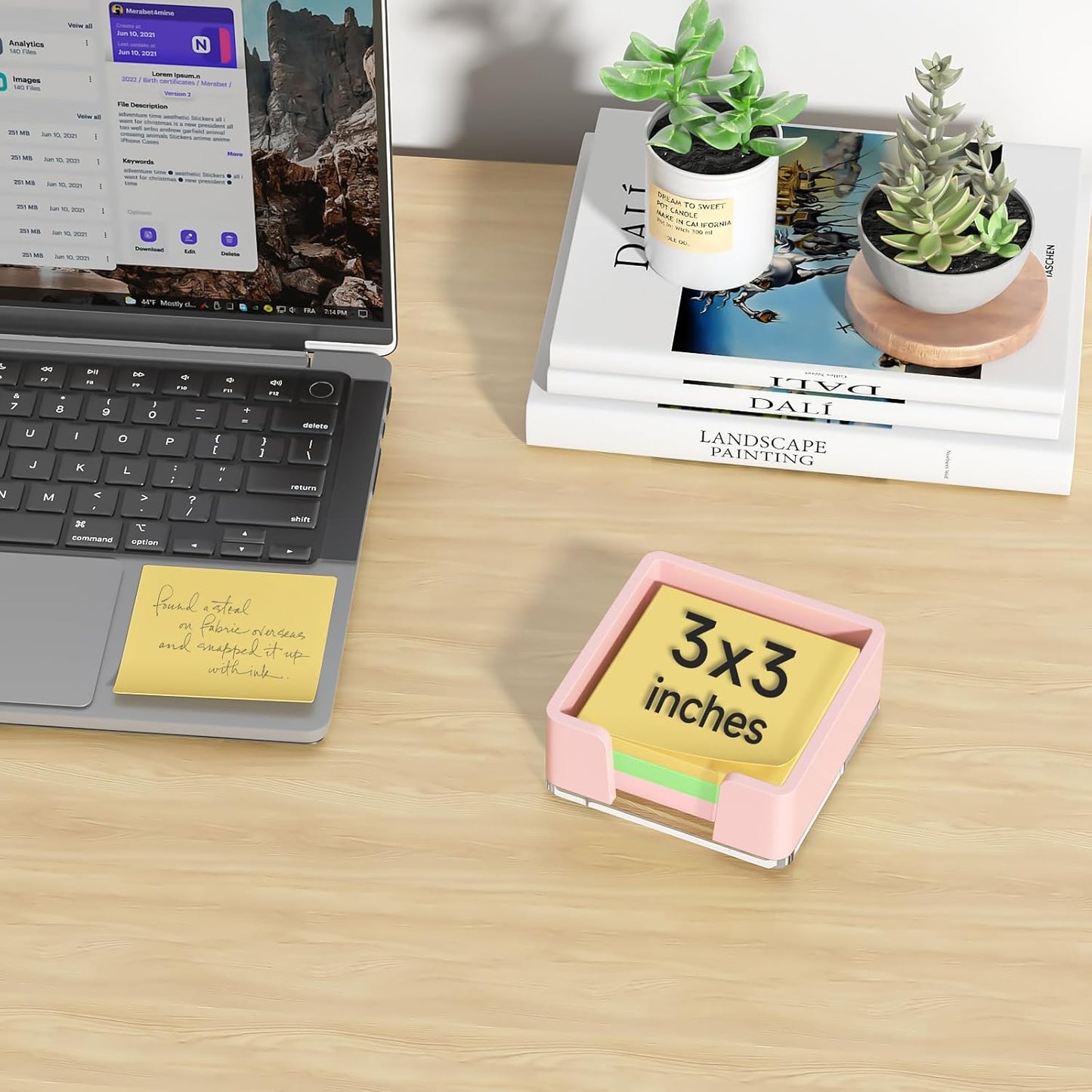 Sticky Note Holder, Glitter Pink Acrylic Notepad Holder 3x3 in Self-Stick Note Dispenser Office Desk Accessories, Memo Pad Holder Organizer for Classroom School Supplies