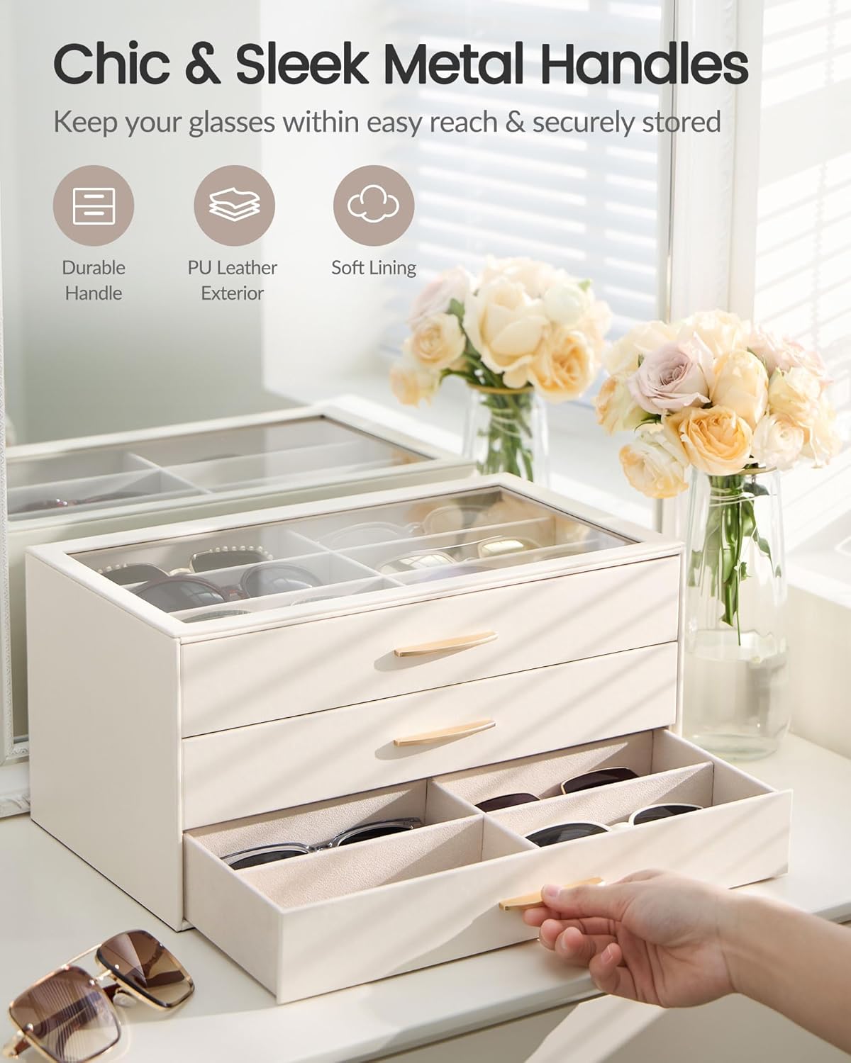 Lolalet Sunglasses Organizer for women, Multi Eyewear Storage Box with Drawer, Glasses Case Display Holder with Clear Top