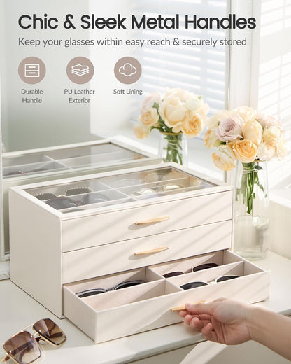 Lolalet Sunglasses Organizer for women, Multi Eyewear Storage Box with Drawer, Glasses Case Display Holder with Clear Top