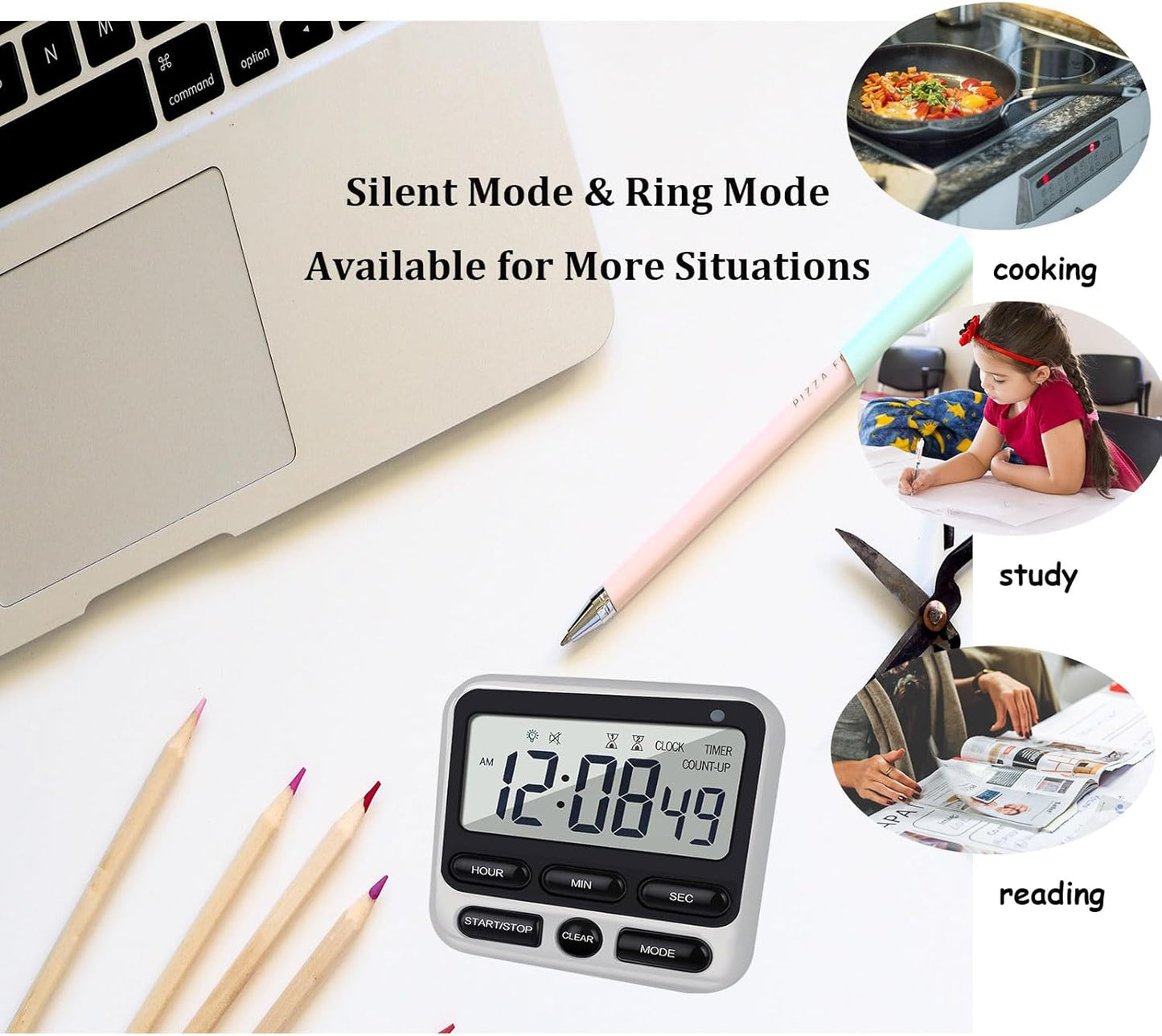 Digital Dual Kitchen Timer with Strong Magnet,24-Hour Countdown & Stopwatch,Loud Alarm,12/24 Hour Clock Switch,Calendar,Visual Indicator Light,Mute Option,3 Placement Options (Batteries Included)