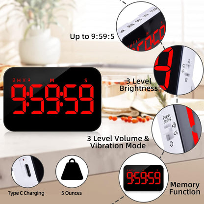 PERSUPER Kitchen Digital Timer, Count Down Up, Rechargeable, Vibration Mode Adjustable Volume and Brightness LED Display, Time Management Cook, Desk, Kids Adults Study Teaching, Kitchen Gadgets RGB