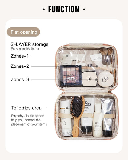 EACHY Toiletry Bag with Hanging Hook, Travel Makeup Bag PU Leather Cosmetic Bags for Women Make Up Organizer with 4 Compartments Waterproof Full-Size Portable Travel Essentials (Beige)