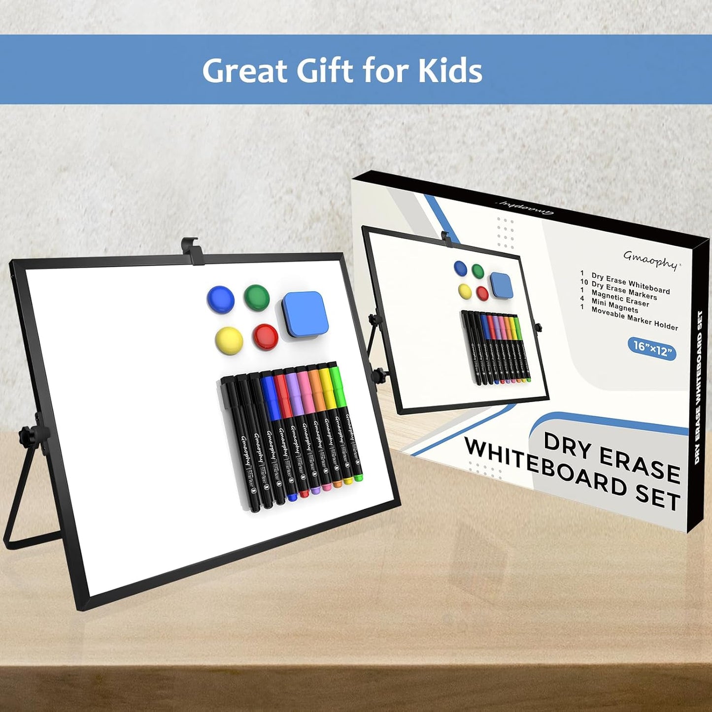 GMAOPHY Dry Erase White Board, 16inX12in Large Magnetic Desktop Whiteboard with Stand, 10 Markers, 4 Magnets, 1 Eraser, Portable Double-Sided White Board Easel for Kids Memo to Do List Desk School