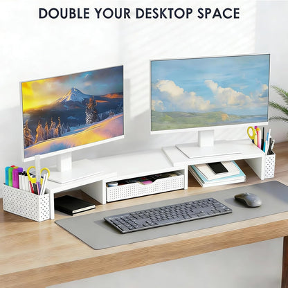 Spacrea Metal Desk Organizers and Accessories, Dual Monitor Stand Riser with Drawer and 2 Pen Holders, Desk Accessories & Workspace Desktop Organizers for Office Supplies (Wood)