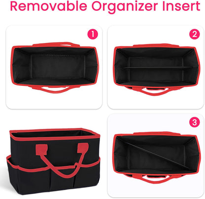 Desktop Tote and Stock Organizer, Teacher Helper Tote Bag Organization for Arts, Books, Stationery, Office Desk Organizer, Make-up Storage Tote with Handles for Travel, Black-Gray