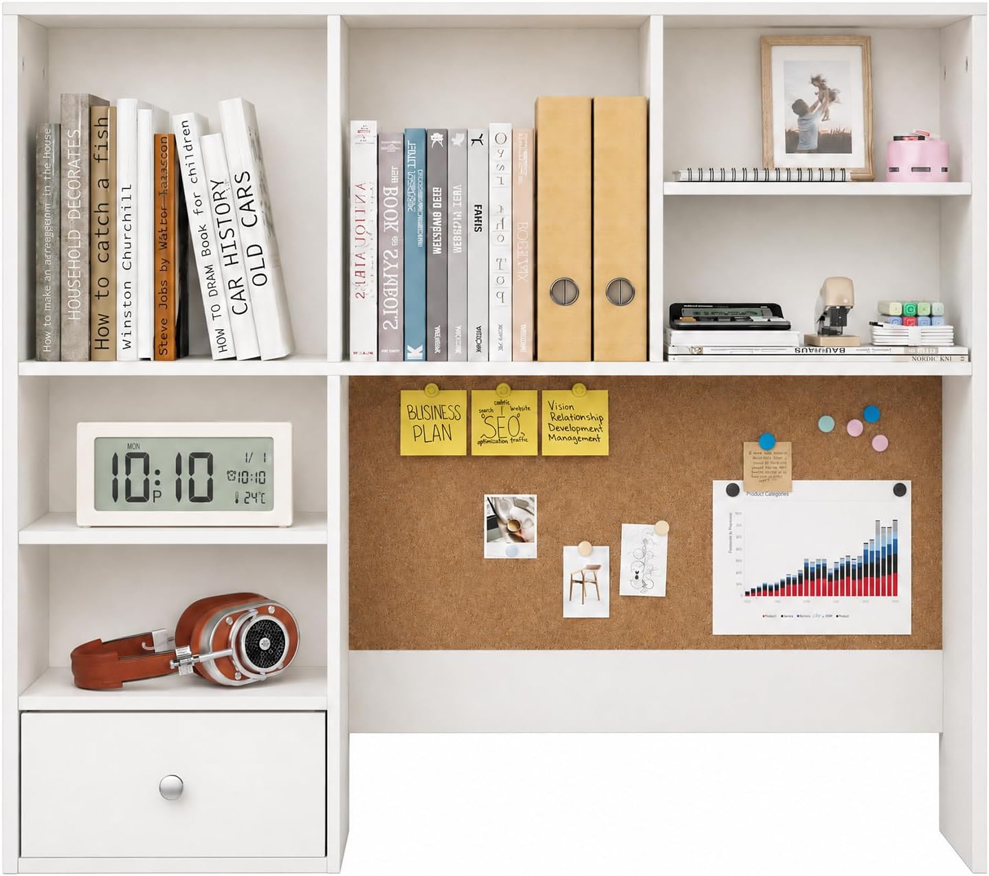 White Desk Hutch with Cork Board for Photos and Reminders, Dorm Desk Hutch with Drawers and Shelves, Desktop Bookshelf for College Dorm, Student Bedroom, Compact Study Spaces