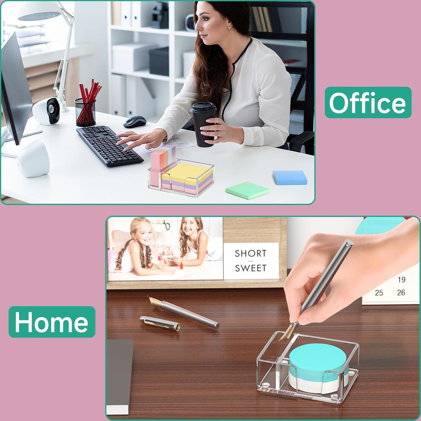 Sticky Note Holder, Glitter Pink Acrylic Notepad Holder 3x3 in Self-Stick Note Dispenser Office Desk Accessories, Memo Pad Holder Organizer for Classroom School Supplies