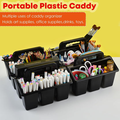ALINK Classroom Caddy Storage Basket with Handle, 6 Pack Plastic Arts Office Crafts Caddy 4 Compartments for Kids, Pencil, Crayon, Marker, School Supplies - Clear