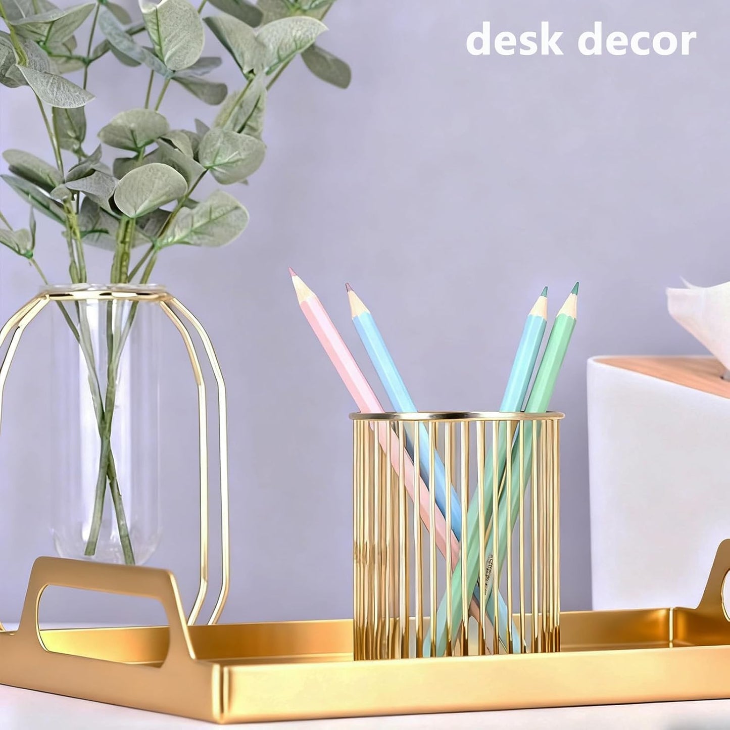 Gold Metal Pen Holder for Desk - Heavy Duty Makeup Brush Organizer Cup with, Pencil Holder for Office & Home, Storage for Stationery/Cosmetics/Art Supplies, Matte Finish, 4.8 Inch (Round)
