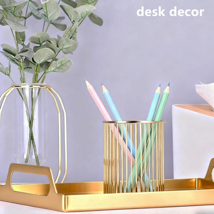 Gold Metal Pen Holder for Desk - Heavy Duty Makeup Brush Organizer Cup with, Pencil Holder for Office & Home, Storage for Stationery/Cosmetics/Art Supplies, Matte Finish, 4.8 Inch (Round)