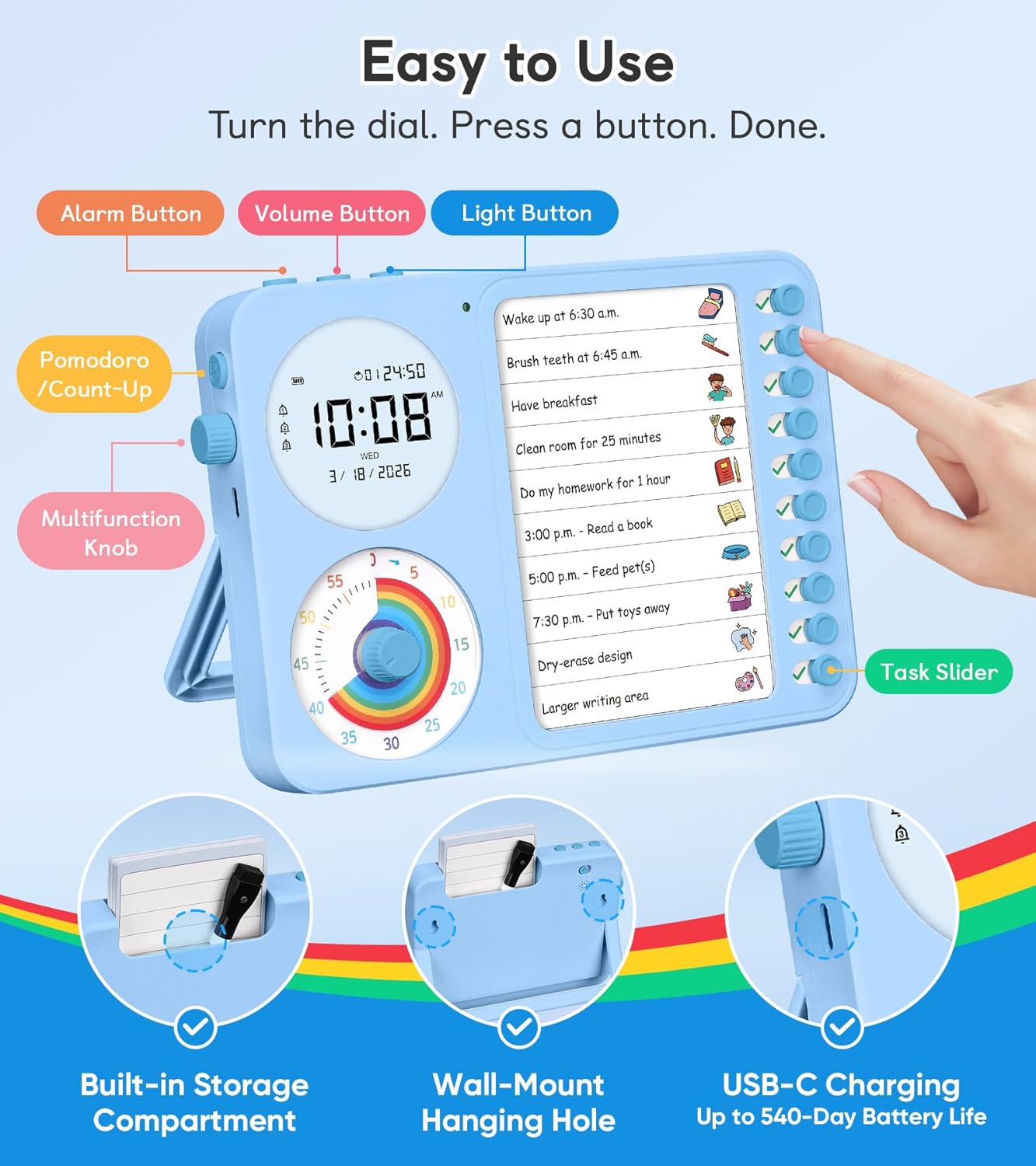 3-in-1 Visual Timer & ADHD Tool for Kids – ADHD Task Timer for Adults with Visual Schedule, Chore Chart & Planning Board for Home, School, Classroom, Work (White)