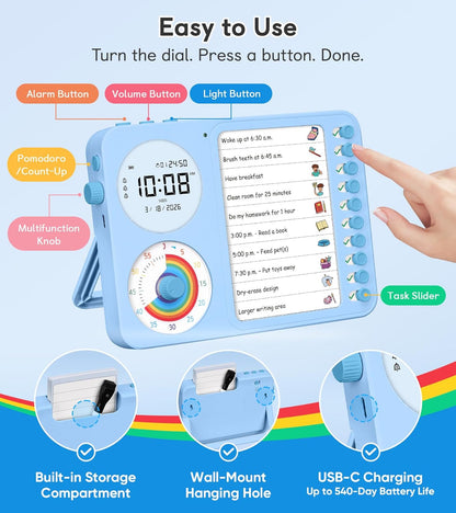 3-in-1 Visual Timer & ADHD Tool for Kids – ADHD Task Timer for Adults with Visual Schedule, Chore Chart & Planning Board for Home, School, Classroom, Work (White)