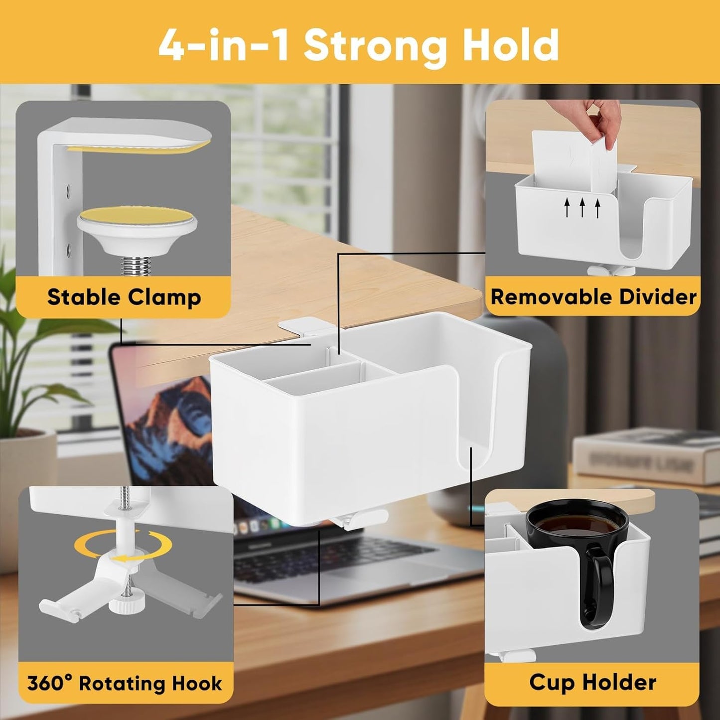 4-in-1 Clip On Desk Cup Holder, Fits up to 40oz cups - Mountable Holder with Adjustable Divider & 360° Rotating Hook - No Spill Clamp On Drink Holder Attachment - for Desk Chair Table Bed Tray - Black