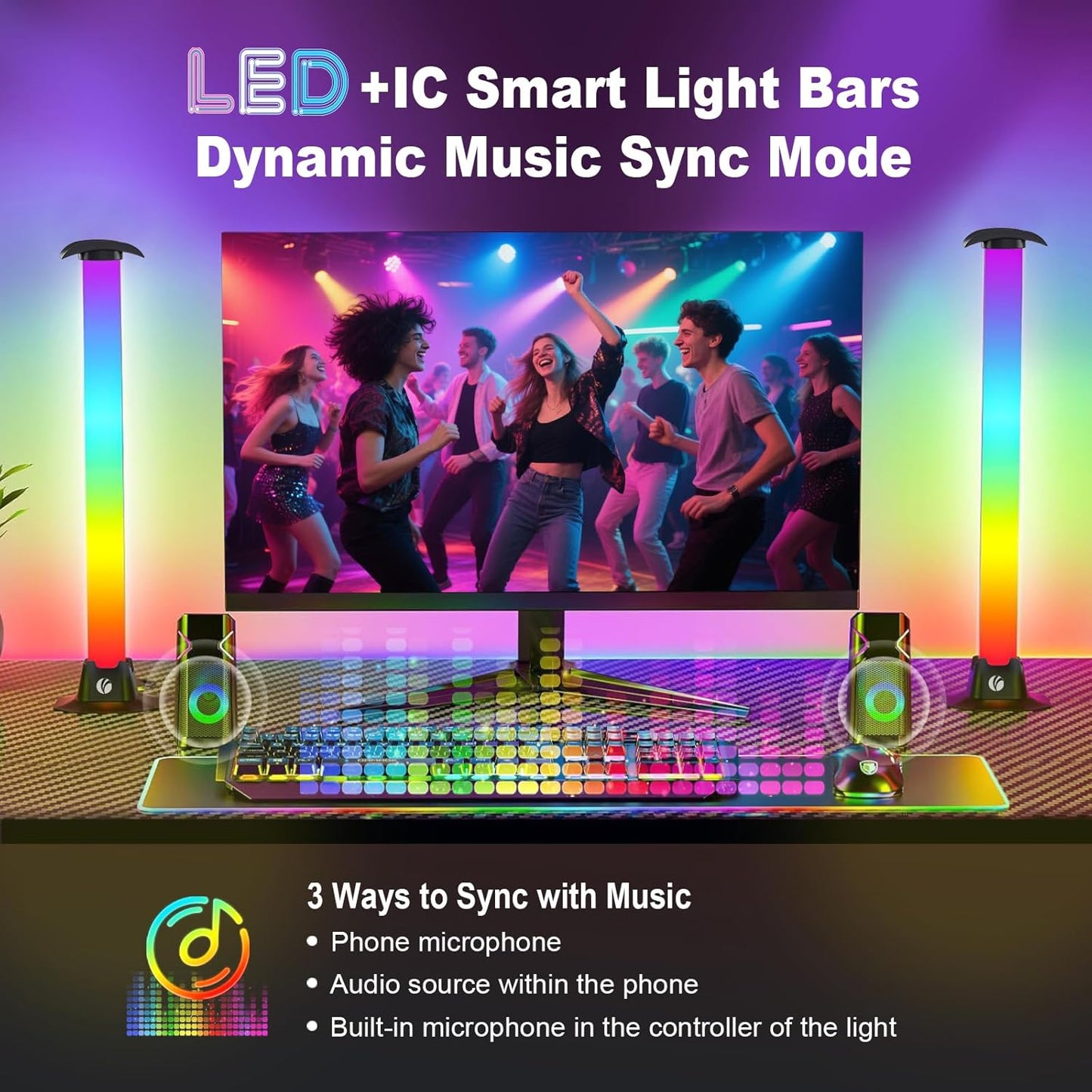 VCOM RGB Light Bar,27.5cm Music Sync RGB IC LED Lights Bars,Color Changing TV Backlight App & Remote Control, USB Powered Ambient Lighting for TV, PC Room Monitor Backlight Gaming Accessories