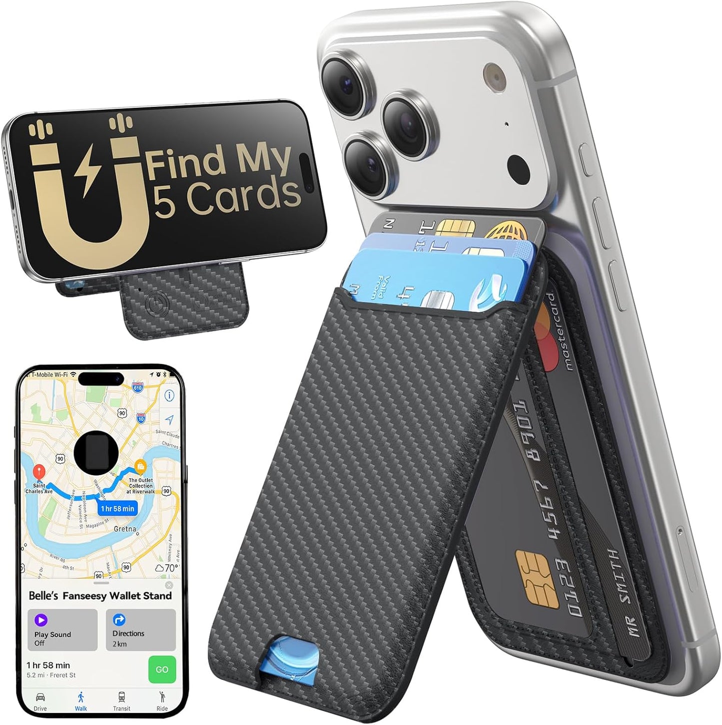 for MagSafe Wallet, Works with Apple Find My,5 Card Holder with Stand, Magnetic Phone Wallet Stand for iPhone 17/16/15/14/13/12 Pro Max Air Plus, RFID Blocking Vegan Leather,Black