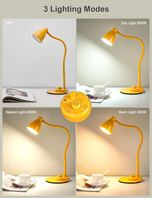 BOHON LED Desk Lamp with USB Charging Port, 3 Color Modes Dimmable Reading Lamp, Auto Dimming Task Lamp, Flexible Neck Table Light for Dorm Bedside, Adapter Include, White