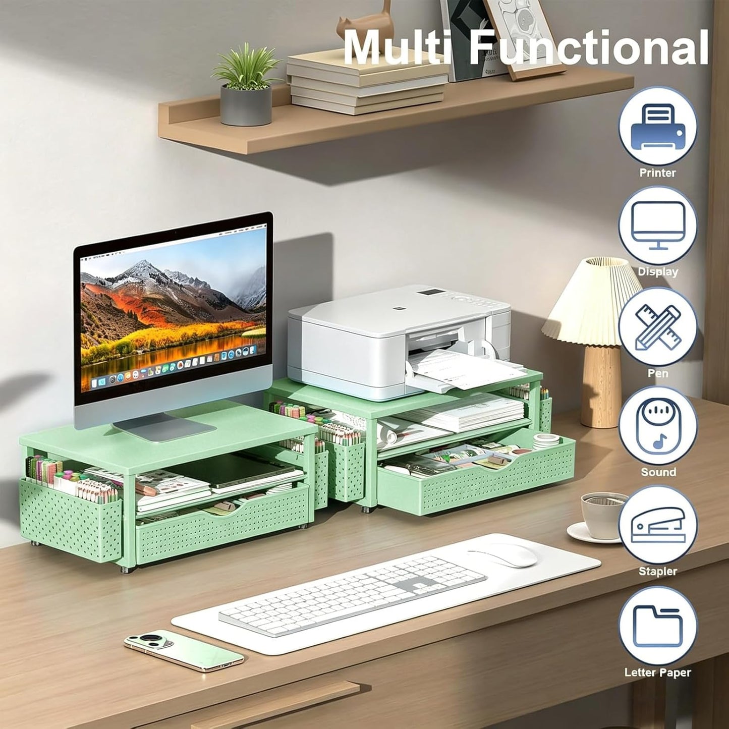 Spacrea Desk Organizer and Accessories, Computer Monitor Stand Riser with Drawer and 2 Pen Holders, Office Desk Accessories & Workspace Organizers for Office Supplies (Wood)