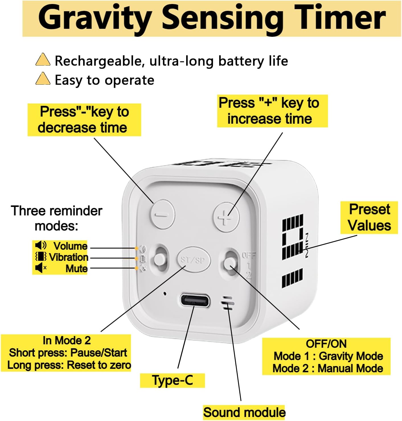 Rotating Digital Cube Timer with Gravity Sensor, 5/10/30/60 Min Preset & Custom Up to 99 Min, USB-C Rechargeable Stopwatch, Vibration Volume Mute Alert for Pomodoro Focus Study Kitchen (Black)