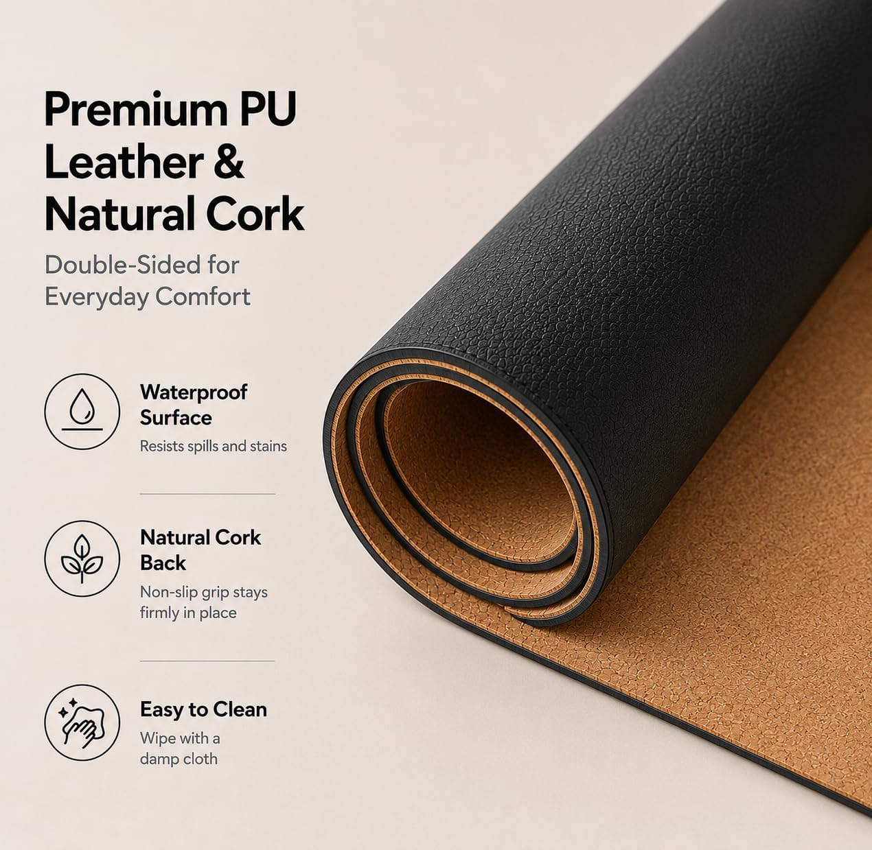 AFIING Large Desk Mat 47" x 17", Dual-Sided Natural Cork & PU Leather Desk Pad, Non-Slip Waterproof Mouse Pad for Office, Home & Gaming, Black