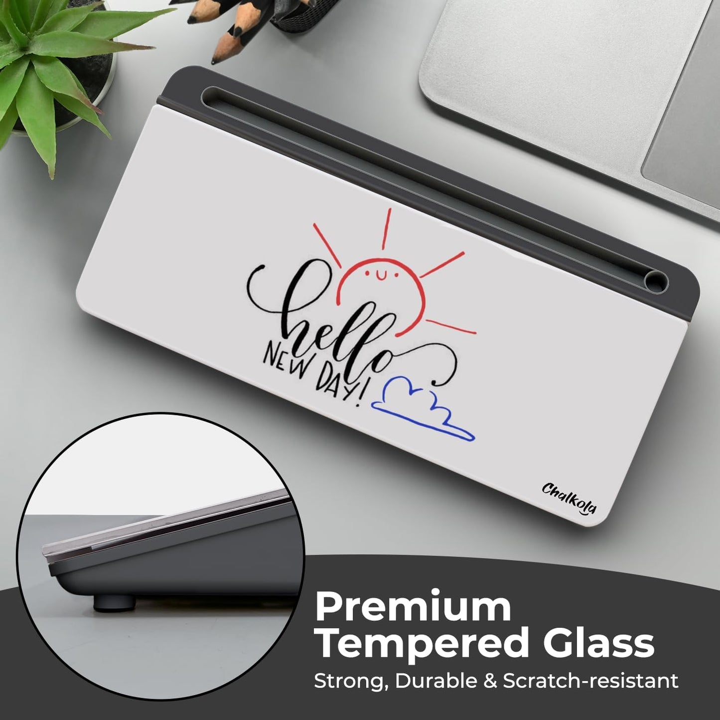 Chalkola Pink Glass Desktop Whiteboard with Storage - Dry Erase Board, Work Desk Organizers, Computer Keyboard Stand, Home Office Desk Accessories, Workspace Desktop Buddy