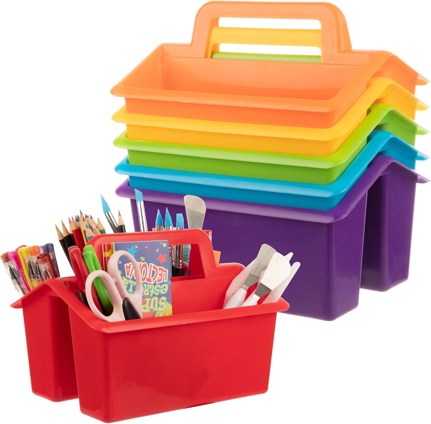 Plastic Caddy With Handle,Protable Classroom Craft Caddy, 6-pack Storage Caddy For Pencil,Pen,Craft Tools (Clear)