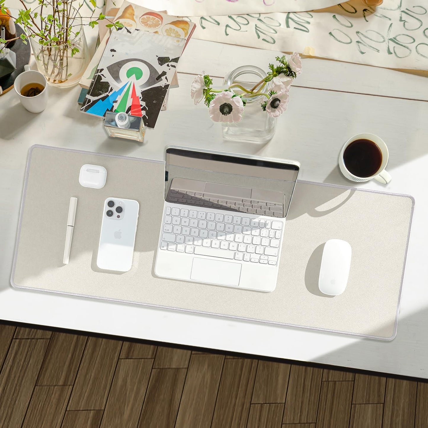 Reniteco Waterproof Large Gaming Mouse Pad with Durable Stitched Edges, Non-Slip Rubber Base, Grainy Jacquard Mouse Mat Desk Pad for Home Office Gaming, 31.5''x11.8''x0.12'', Matte Beige