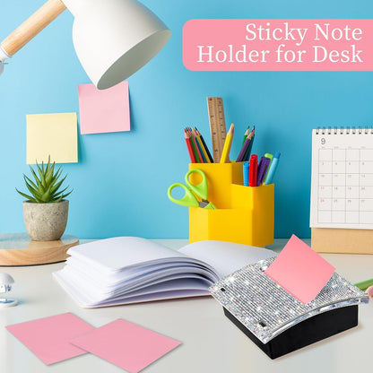 Rhinestone Self Sticky Note Holder Post it Note Dispenser Pop-Up Sticky Notes Dispenser 4 x 4 inch Post it Dispenser for Office Desk Accessories(Pink)
