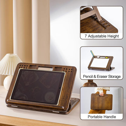 StrongTek Bamboo Table Easel, 16 x 12 Inch Adjustable Drawing Board, 6-Position Desktop Drafting and Sketching Board with Handle and Back Storage for Drawing, Painting, Reading and Writing