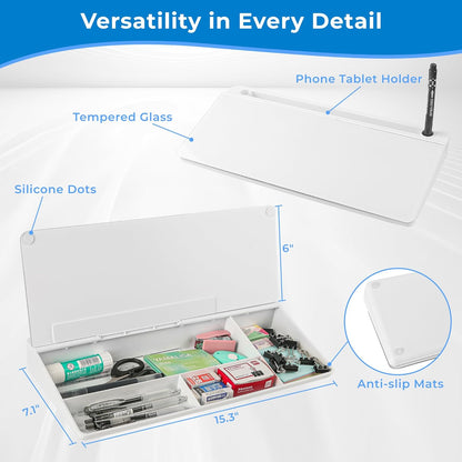 Small Desktop Glass Dry Erase whiteboard Organizer with Storage 16 X 7 inches, White