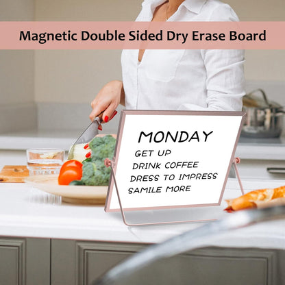 Dry Erase White Board, 16inX12in Large Magnetic Desktop Whiteboard with Stand, 10 Markers, 4 Magnets, 1 Eraser, Portable Double-Sided White Board Easel for Memo to Do List Desk Office