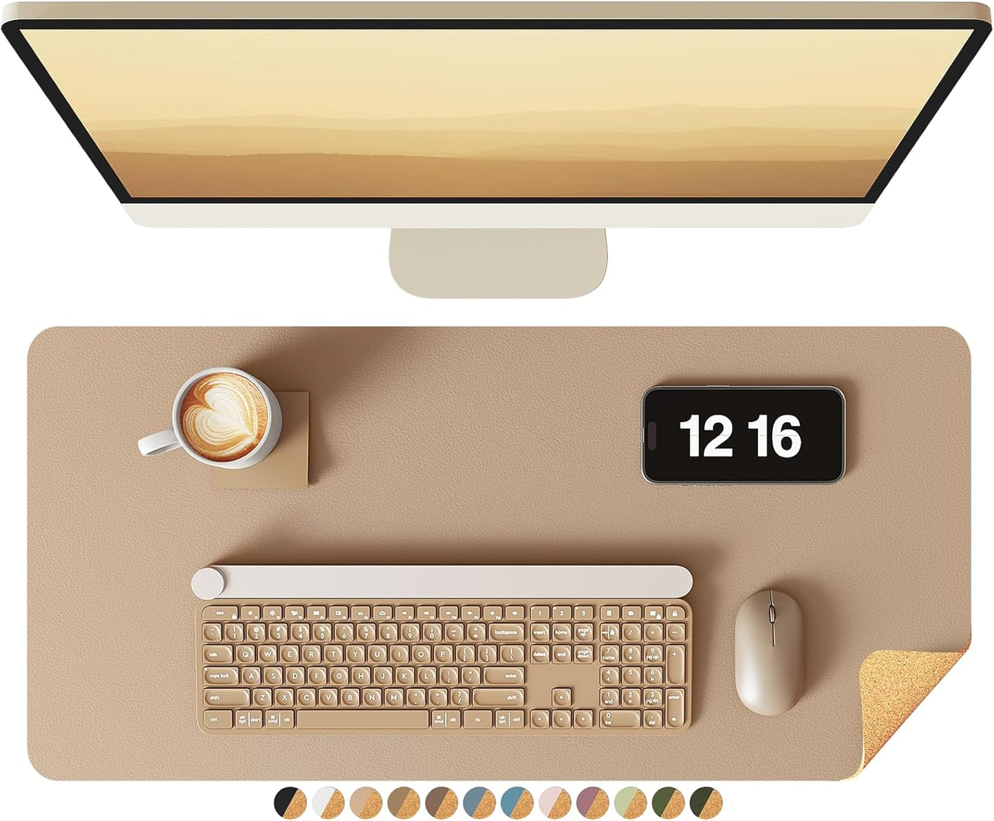 YSAGi Double-Sided Desk Pad, 31.5"x15.7"Leather Desk Mat, Eco Cork Desk Pad Protector,Large Mouse Pad,Waterproof Desk Blotter for Office/Home(Coffee)