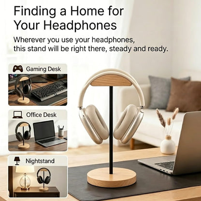 Headphone Holder Stand for Desk, Wood and Metal Headset Hanger Mount Hook Gaming Holder Desktop Earphone Artful Functional Craftsmanship Stand for All Headsets with Solid Wooden Base