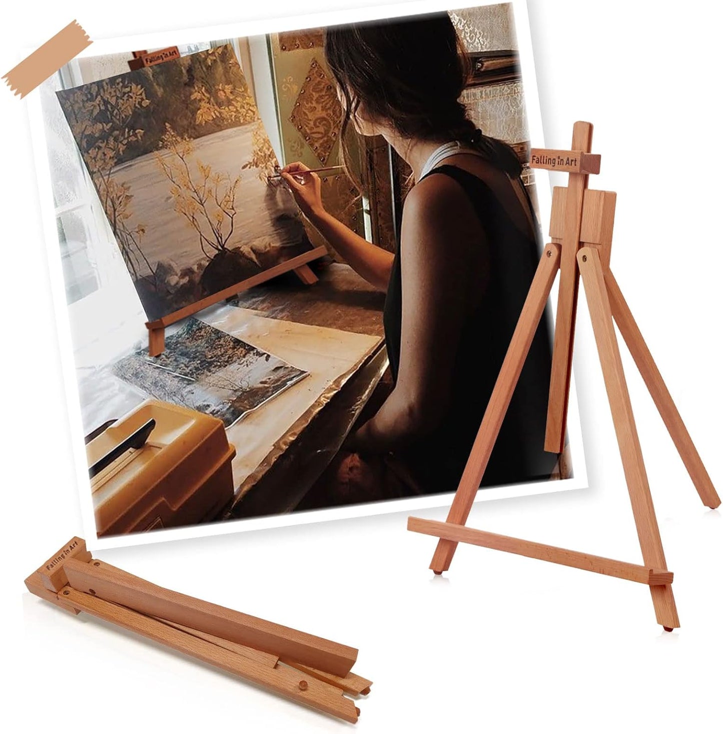 Falling in Art Beechwood 25" Tabletop Easel Display Stand for Painting - Holding Canvas Up to 22 1/2 Inches High, A-Frame Artist Tripod with Rubber Feet, Portable Photo and Sign Holder