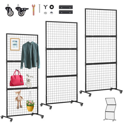 1 Pack Heavy Duty 3' x 6' Gridwall Panels Standing Wire Grid, Study Display Rack with T-Base Wheels, Suitable for Craft Merchandise Display Item Storage (Black)