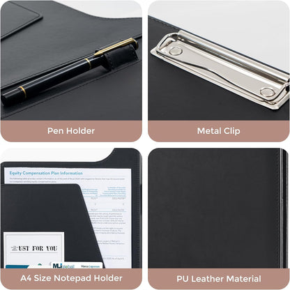 ProCase Clipboard Folder Portfolio, A4 Leather Padfolio Clipboard, Professional Business Portfolio Folder for Interview Resume Office Conference -Black
